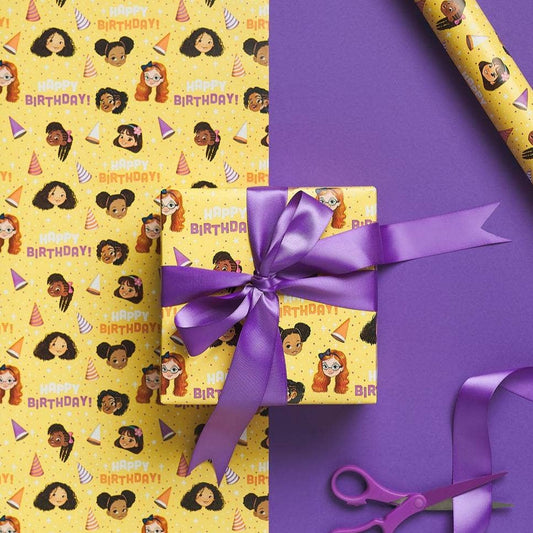 Happy Birthday Gift Wrap - Multicultural Girls